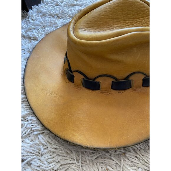 Mens Outback Hat Woven Embossed Tan Hard Leather Cowboy Black Australian - Picture 3 of 13